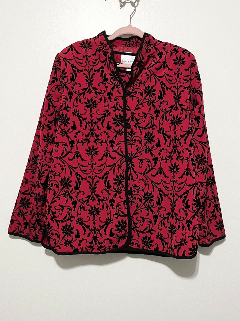 Susan Graver Womens Burnout Velvet Jacket & Tank Set M Red Mandarin Collar NWT